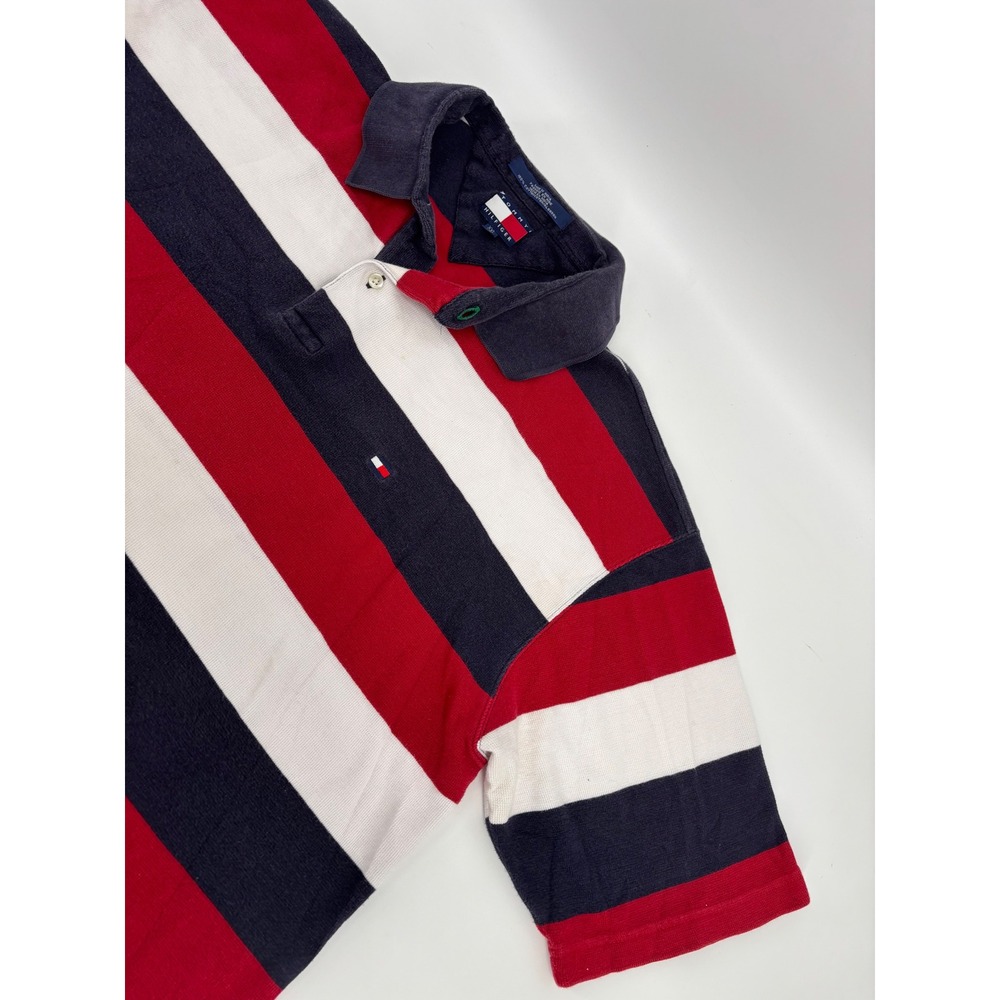 Tommy Hilfiger Mens XXL Polo Shirt Red White Navy Blue Striped Short Sleeve